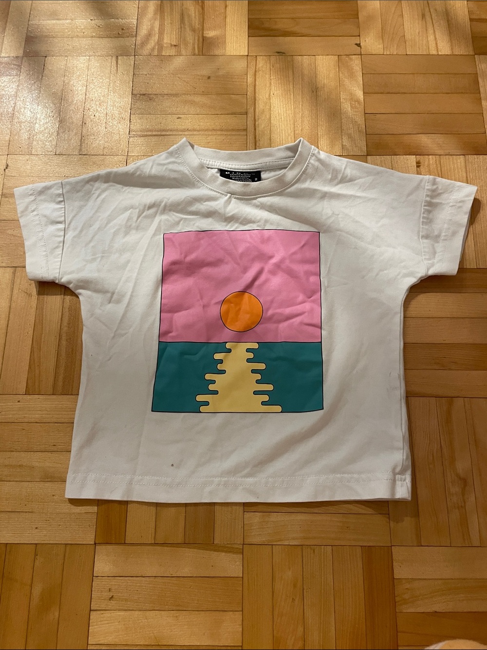 White Kids Short-Sleeve Tee with Pink & Teal Sunset Graphic